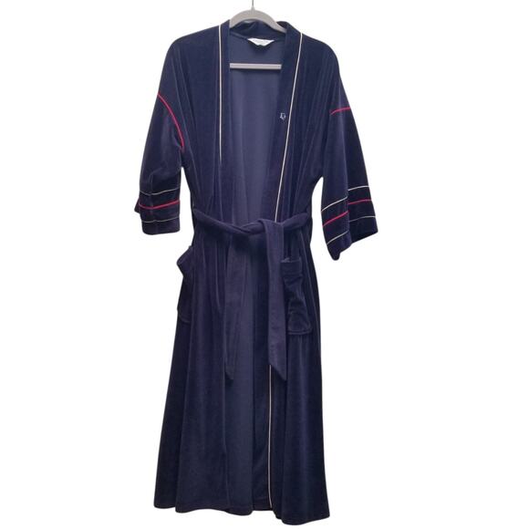Vtg Christian Dior Monsieur Velour Bath Robe Belted Navy Blue Kimono One Size - Picture 1 of 11